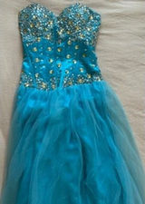 Aqua Blue Rhinestone Embellished Tulle Prom Gown Corset Back Sweetheart Dress Photo 0