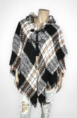 APT.9 London Plaid Toggle Ruana Poncho Cape Wrap Black‎ Brown White Cozy OS Photo 0