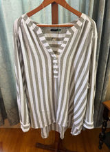 Women’s Striped Button Henley Shirt - White and Olive Photo 0