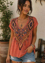 Johnny Was Embroidered Terracotta Cap Sleeve V-Neck Tee Shirt Top S Photo 0