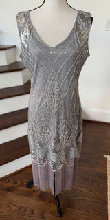 Unique Vintage Gray Silver Midi Fringe Sequin Flapper Costume Dress Halloween Photo 0