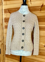St Johns Bay Tan Button Up Round Neck Cardigan w/Ribbed Back & Woven Front Sz S Photo 0