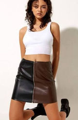 Motel Rocks Two-Tone Faux Leather Mini Skirt in Black and Brown Photo 0