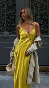 Zara Lace-Trim Slip Satin Maxi Dress in Mustard Chartreuse Yellow Photo 0