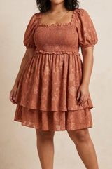 Altar'd State Lace Smocked Puff Sleeve Tiered Mini Dress XL Boho Photo 0