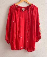 Fig & Flower Anthropologie Red Boho Embroidered Floral Peasant Blouse Womens 2X Photo 0
