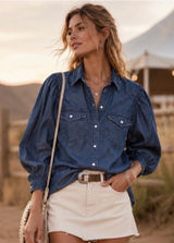 We the Free With Love Denim Top Long Puff Sleeves Western-Boho Size Small Photo 0
