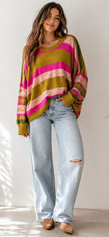 Free People Striped Green Pink Striped Oversized Sweater Womens S Boho Casual Photo 0