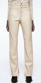 NEW!! Zara Beige Khaki Faux Leather Pants Bottom Slits Fleece Lined Photo 0