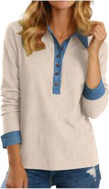 NWOT ~ Women's Beige Ribbed Casual Top with Blue Denim Trim & Collar ~ MEDIUM Photo 0