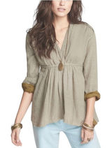 FREE PEOPLE V-Neck Blouse-Tunic Women M Olive Coastal Boho Cottage Western City Photo 0