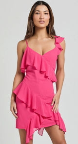 Showpo Zaria Mini Dress Women 14 Hot Pink Asymmetric Ruffle Barbiecore Cocktail Photo 0