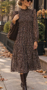 Smocked High-Neck Brown Floral Midi Dress with Long Sleeves Photo 0