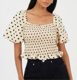 H&M Smocked‎ Puff Sleeve Polka Dot Crop Top Cottagecore Coquette XL Photo 0