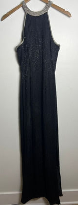 VTG SM Black Beaded Halter Neck Gown Silver Open Back Cage Detail Formal Dress Photo 0