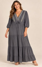 Baltic Born Maxi Dress Women XL Gray Embroidered Tiered Boho Cottagecorre Photo 0