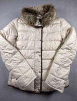 Old Navy Womens Cream Puffer Jacket Faux Fur Collar Brown Trim Size S Photo 0