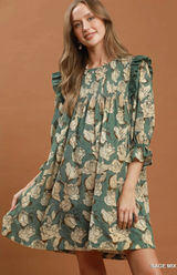 Umgee Mix Floral Print Smocked Ruffle Detail Flowy Dress - Sage Mix - Large Photo 0