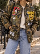 First Row Camo Quilted Bomber Jacket Bulldog Embroidered Patches Small Photo 0