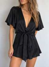 Altar'd State Black Satin Romper Small Flutter Sleeve Tie Front Coquette Party Photo 0