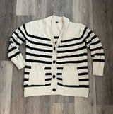 American Eagle Cardigan Womens Medium Ivory Black Striped Knit Shawl Collar Photo 0