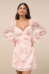 NWT Lulus Lovely Poise Light Pink Floral Tie-Back Long Sleeve Mini Dress Size M Photo 0