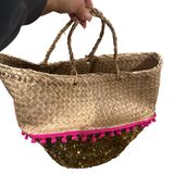 Natural Life Wicker Straw Sequined Pink Pom Pom Tote Beach Coquette Basket Bag Photo 0