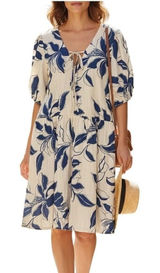MSK Floral Linen Babydoll Midi Dress‎ Puff Sleeve Cottagecore Blue Medium NWT Photo 0