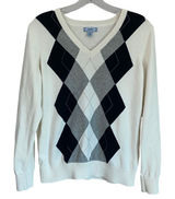IZOD Womens Argyle V-Neck Sweater White Black Grey 100 Cotton Long Sleeve‎ L Photo 0