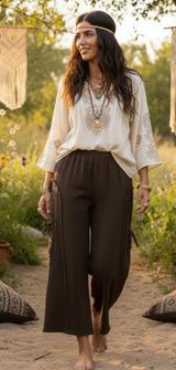 Brown Boho Chic Cotton Gauze Wide Leg Palazzo Pants Size Medium Lagenlook Photo 0