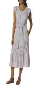 BRIGGS Linen Blend Midi Dress L Blue Striped Flutter Sleeve Belted NWT Coastal Photo 0