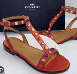 Coach Sadie Semi Black Calf Studded Sandals Size 6.5 Deep Coral T Strap Photo 0
