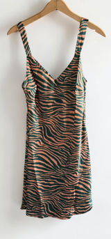 Audrey 3+1 Green Peach Tiger Print Satin Slip Mini Dress Large NWOT Photo 0