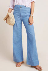 Pilcro Women High-Rise Wide-Leg Trouser Jeans 24P Boho Blue Cotton Linen Coastal Photo 0
