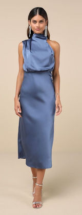 NWT Lulus Distinctive Charm Slate Blue Satin Asymmetrical Midi Dress Wedding S Photo 0