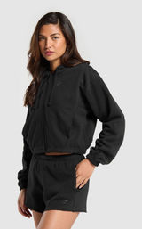 Gymshark Fleece Full Zip Hoodie Jacket Black‎ Cropped B8A7J-BB2J-S-EN1 Small Photo 0