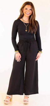 Flowy Medium Wide Leg Pants Black Paperbag Waist Drawstring Palazzo Minimalist Photo 0