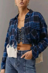 BDG‎ Urban Outfitters Rayne Flannel Boxy Cropped Button-down Shirt Blue Large Photo 0