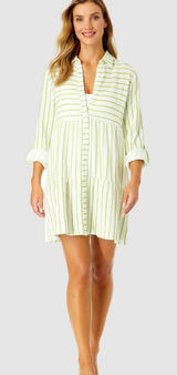 Anne Cole Ibiza Shirt Dress Womens S Lime Green NEW Striped Cotton Cover Up‎ Photo 0