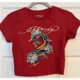 Vtg‎ Ed Hardy Tshirt Single Stitch Red Women Medium Cropped Y2K Dragon 80s 90s Photo 0