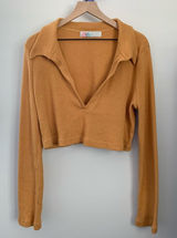 Free People Beach Large Honey Yellow‎ Deep V Neck Collar Crop Sweater Rib Photo 0