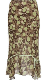 Allison Taylor Silk Floral Midi Skirt Brown Green Ruffle Hem Y2K Whimsigoth L Photo 0