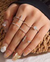 6 pc rings set, pretty bar ring, ball ring, adjustable, wave Silver Photo 0