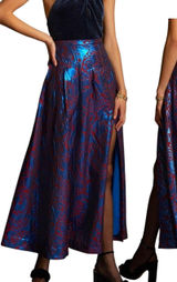 Anthropologie Maeve Pleated Shimmer Maxi Skirt Side Slit Blue Motif Size 4 $160 Photo 0
