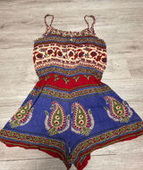 Earthbound Trading Co. Boho Blue Tan Paisley Floral Print Romper Womens Medium Photo 0