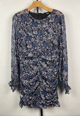 Vici Blue Purple Black Floral Ruched Long Sleeve Chiffon Mini Dress Size L Photo 0