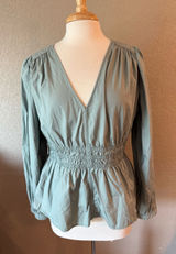 Gap Smocked Waist Peplum Blouse Sage Green Cotton Top Size L Photo 0