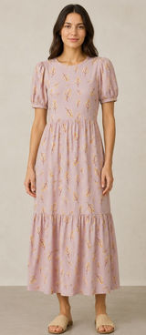 Musli Maxi Dress S Rose Bloom Tiered Puff Sleeve Organic Cotton Cottagecore Photo 0