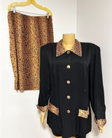 Vintage 90s Leopard Print 2 Piece Skirt Suit Set Black Rayon Blazer Midi Skirt Photo 0