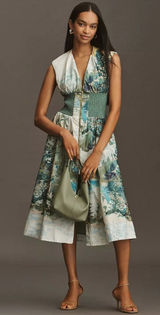 NWT Anthropologie Tommie Zip-Front Midi in Olive Forest Mountain Print Dress M Photo 0